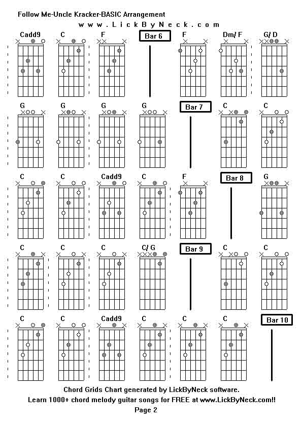 Chord Grids Chart of chord melody fingerstyle guitar song-Follow Me-Uncle Kracker-BASIC Arrangement,generated by LickByNeck software.